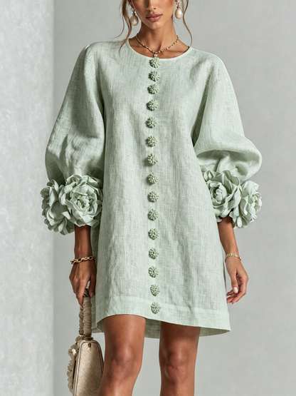 Delia | Vestido Mini en Mezcla de Lino con Puños en Rosa, Verde Salvia