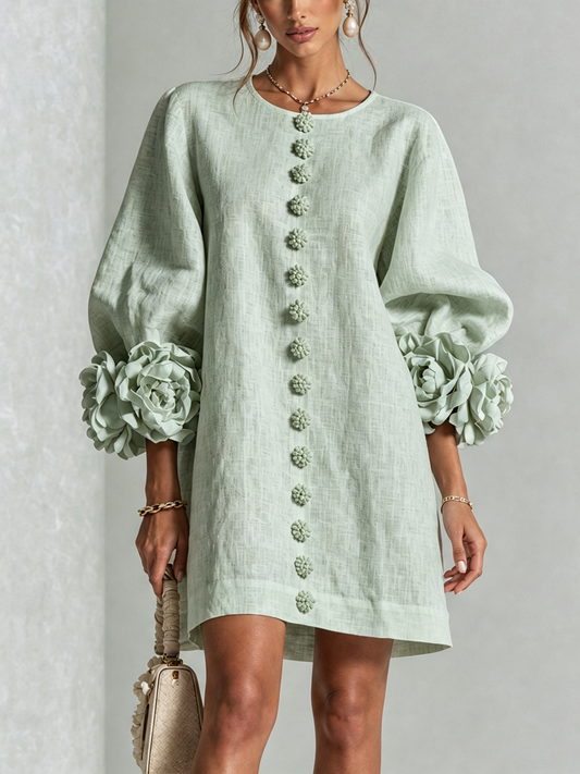 Delia | Vestido Mini en Mezcla de Lino con Puños en Rosa, Verde Salvia