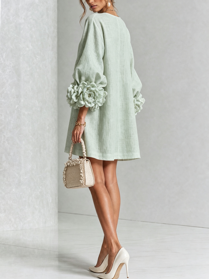 Delia | Vestido Mini en Mezcla de Lino con Puños en Rosa, Verde Salvia