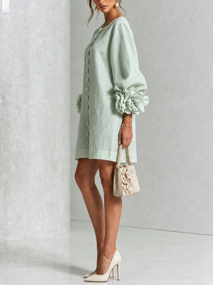 Delia | Vestido Mini en Mezcla de Lino con Puños en Rosa, Verde Salvia