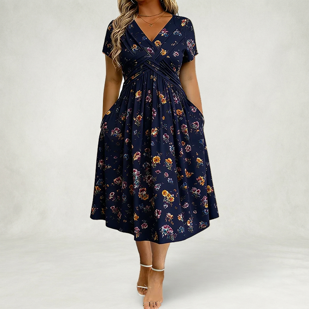 Santander | Vestido floral con escote en V y detalle de torsión en la cintura elegante.
