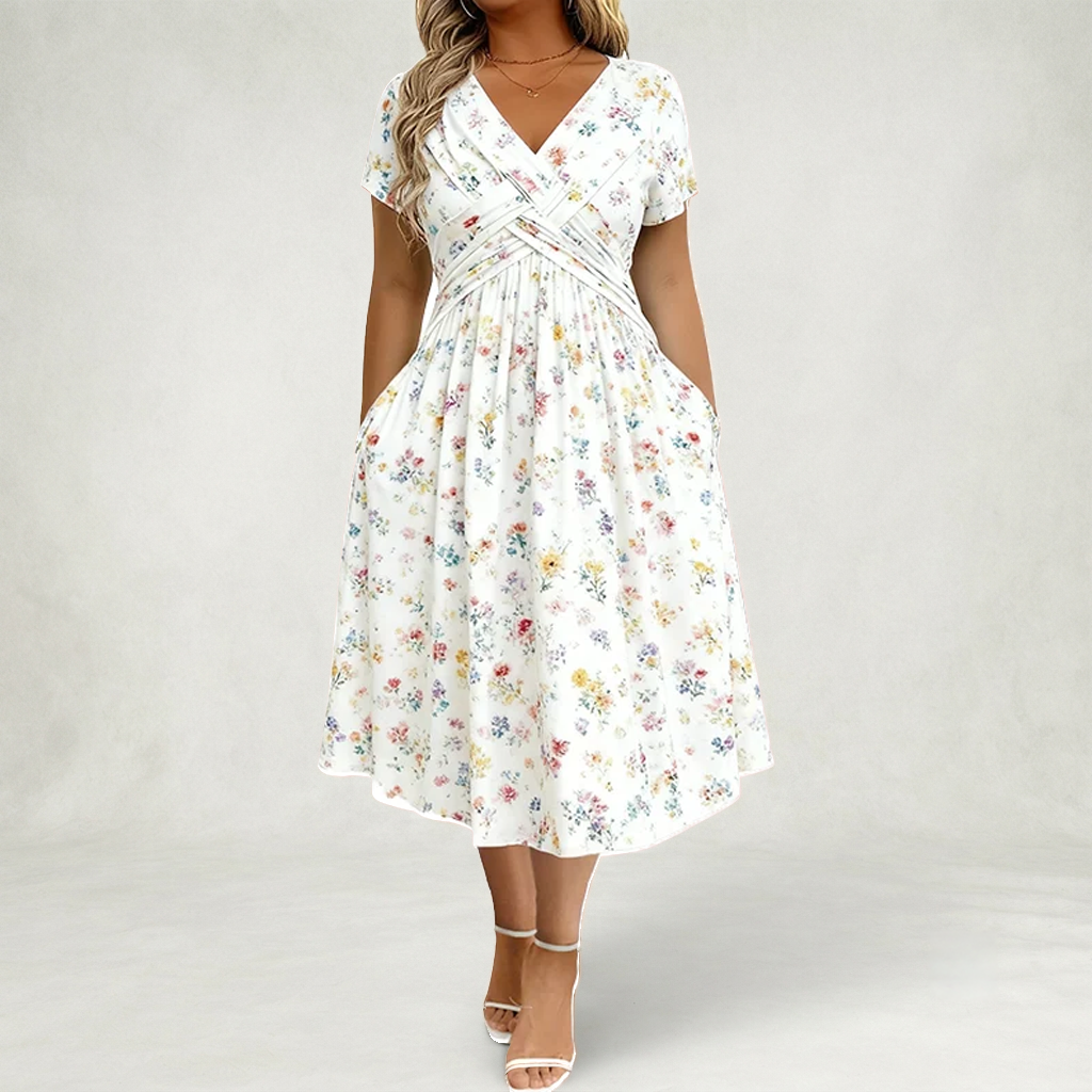 Santander | Vestido floral con escote en V y detalle de torsión en la cintura elegante.