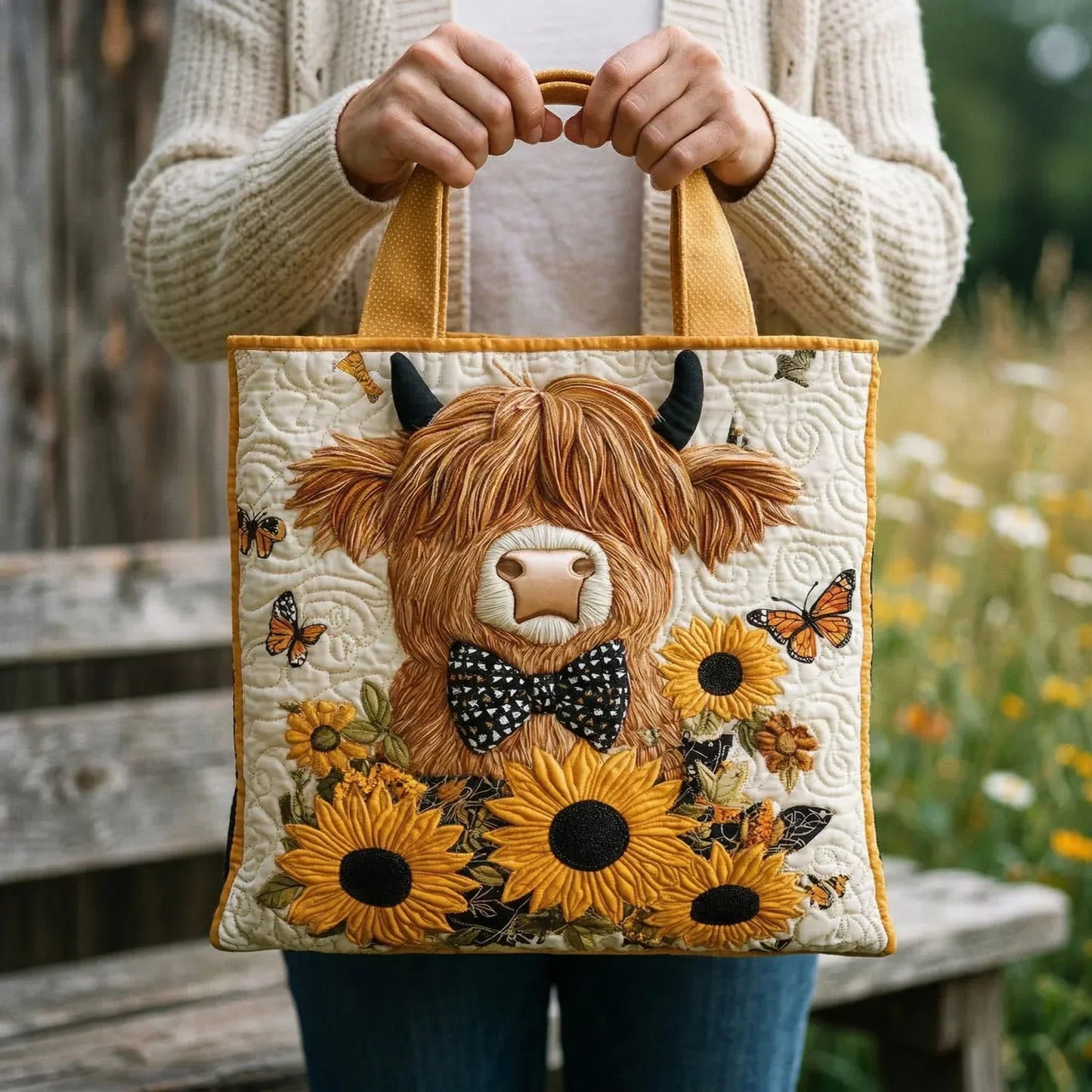 Bolsa Acolchada | Vaca de las Highlands con Girasoles