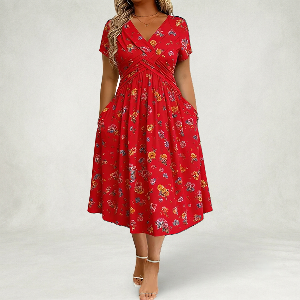 Santander | Vestido floral con escote en V y detalle de torsión en la cintura elegante.